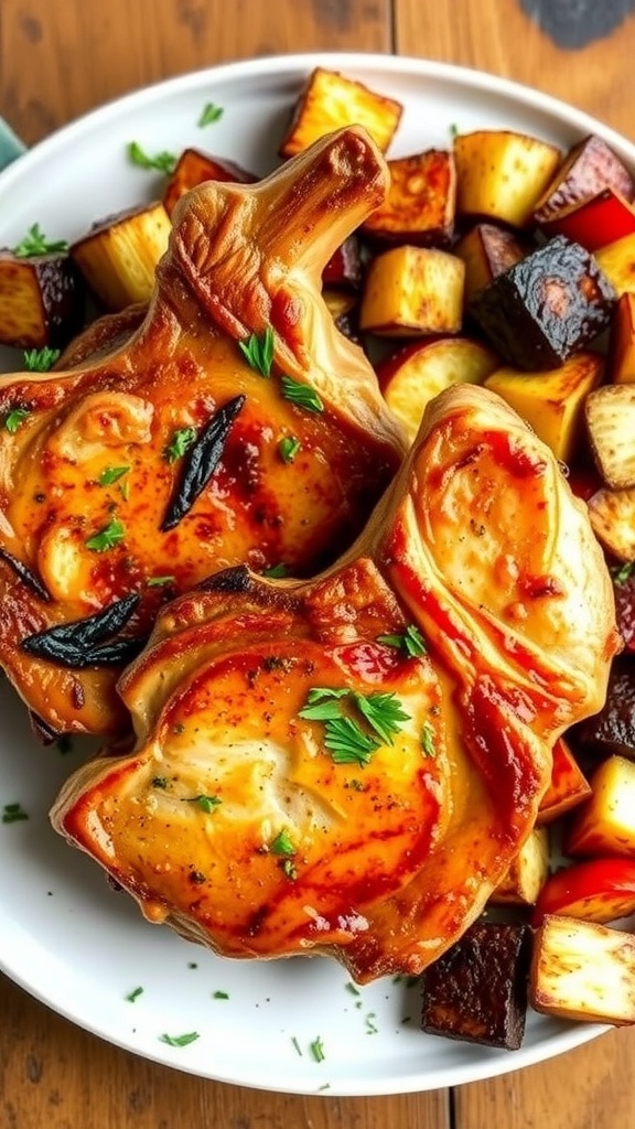 Juicy Air Fryer Pork Chops Recipe Juicy air fryer pork chops served with roasted vegetables on a rustic table.